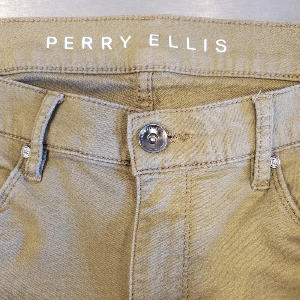 Perry Ellis Mens Slim Fit Stretch Khaki Brown 5 Pocket Pants 34x30 Casual Chino
